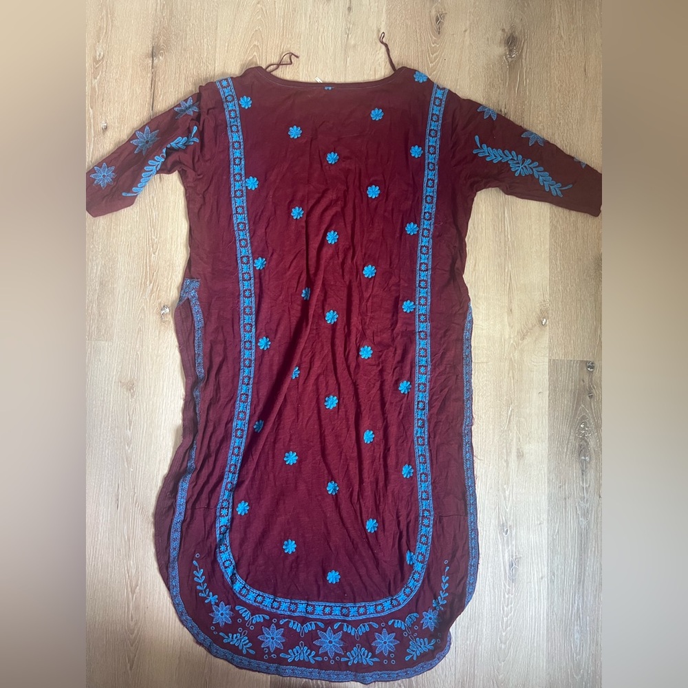 Free People Linen Blend Wine Colored Embroidered Maxi Dress with side slits - Picture 3 of 5